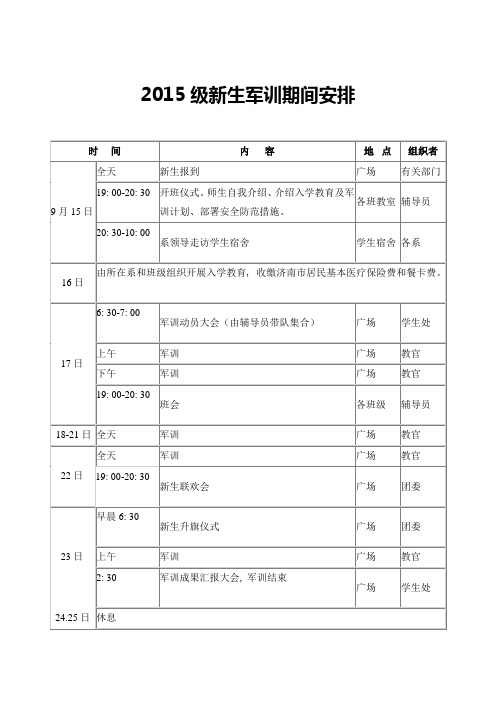 2015级新生军训安排表