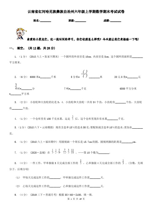 云南省红河哈尼族彝族自治州六年级上学期数学期末考试试卷