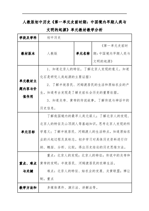 人教版初中历史《第一单元史前时期：中国境内早期人类与文明的起源》单元教材教学分析