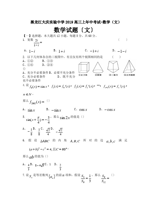 黑龙江大庆实验中学2019高三上年中考试-数学(文)