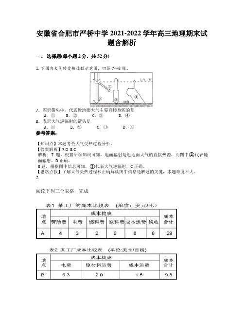 安徽省合肥市严桥中学2021-2022学年高三地理期末试题含解析