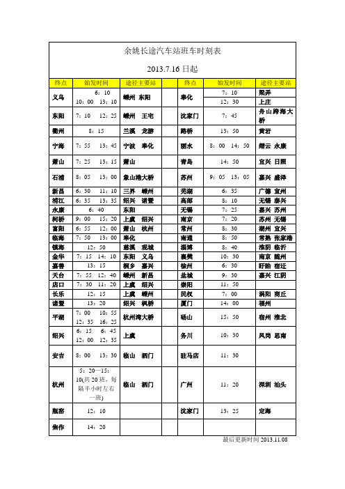 余姚长途汽车站班车时刻表