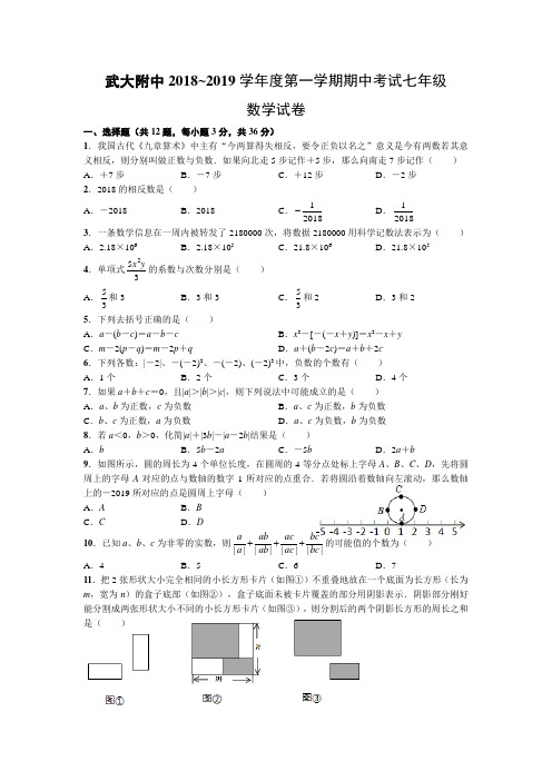 武汉武大附中2018-2019学年上学期期中考试七年级数学试题 (1)