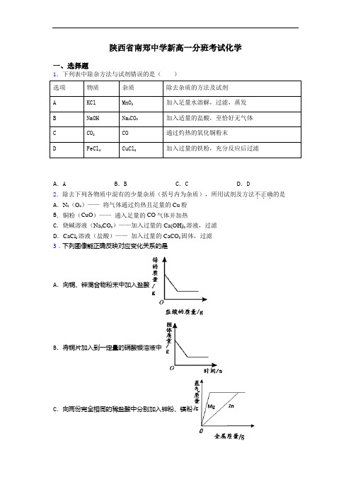 陕西省南郑中学新高一分班考试化学