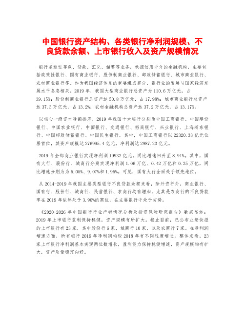 中国银行资产结构、各类银行净利润规模、不良贷款余额、上市银行收入及资产规模情况