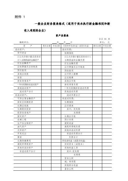 一般企业财务报表格式(适用尚未执行新金融准则和新收入准则的企业)