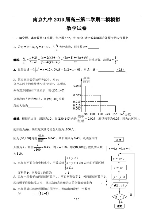 江苏南京九中2013届高三下学期二模模拟数学试题