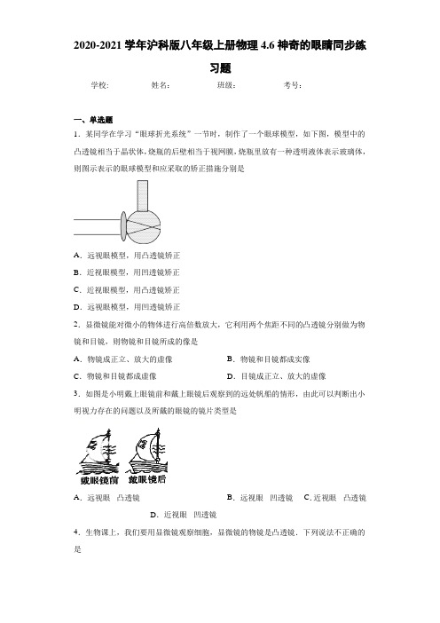 2020-2021学年沪科版八年级上册物理4.6神奇的眼睛同步练习题