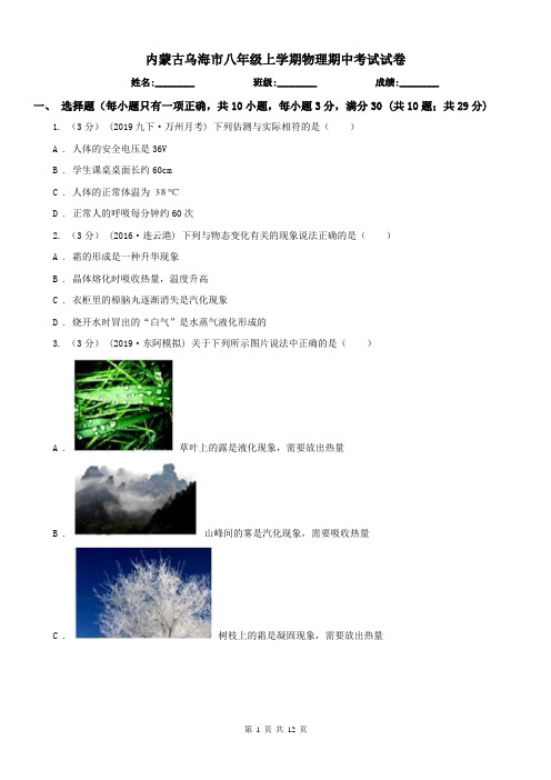 内蒙古乌海市八年级上学期物理期中考试试卷