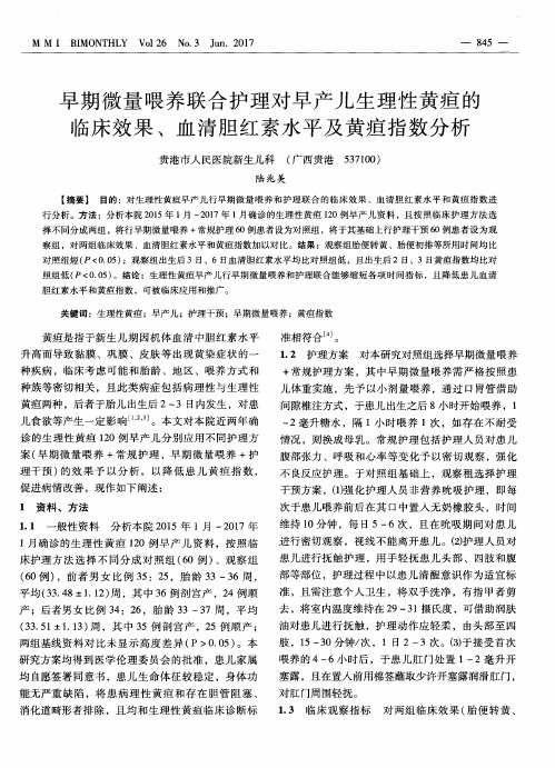 早期微量喂养联合护理对早产儿生理性黄疸的临床效果、血清胆红素