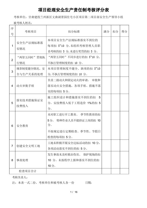 安全生产责任制考核评分表