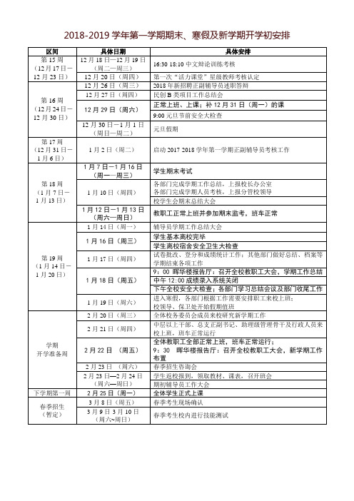 2018-2019学年第一学期期末、寒假及新学期开学初安排