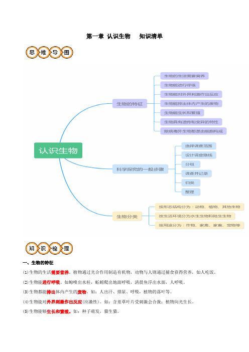 第一章认识生物(知识清单)-2024-2025学年七年级生物上学期期中考点大串讲(人教版)