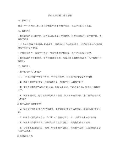 教师教研学科工作计划表