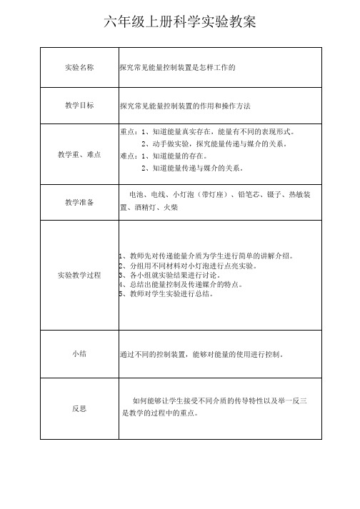 六年级上册科学演示实《验能量的控制装置》教案