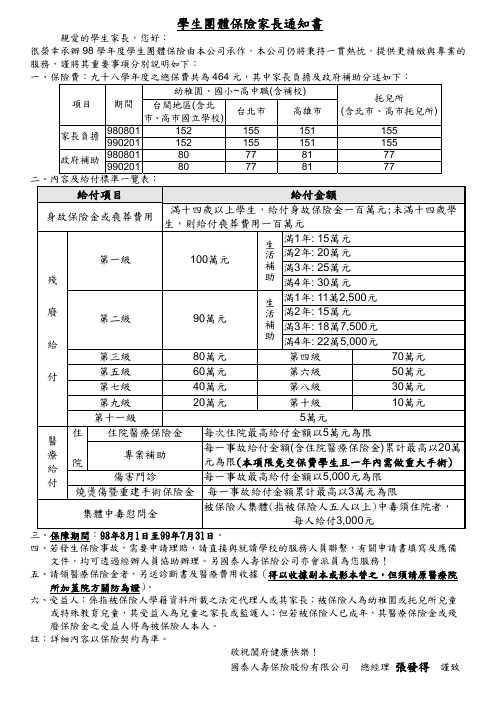 学生团体保险家长通知书