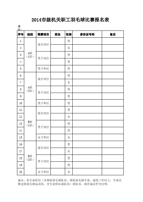 2014市级机关工会羽毛球比赛报名表