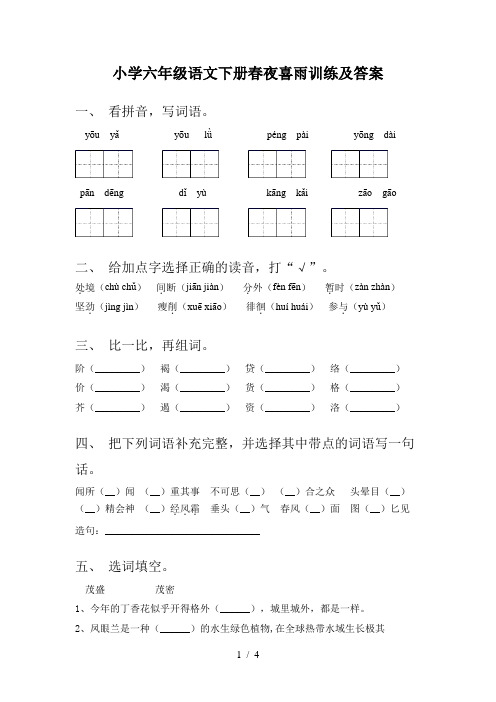 小学六年级语文下册春夜喜雨训练及答案