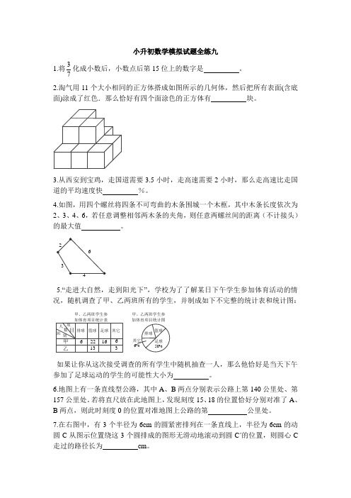 六年级下册数学试题- 小升初模拟试题全练九   全国版(无答案)