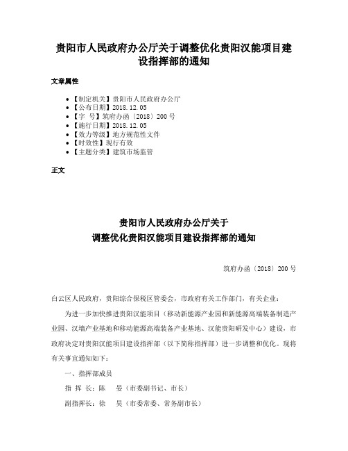 贵阳市人民政府办公厅关于调整优化贵阳汉能项目建设指挥部的通知