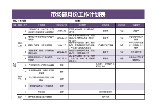 市场部月份工作计划表excel模板