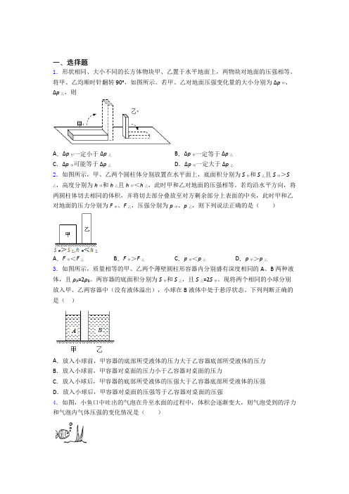 人教版初二物理下学期第九章 压强单元综合模拟测评学能测试试卷