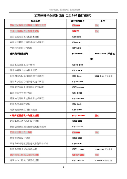 工程建设行业标准清单-201807最新修订整理