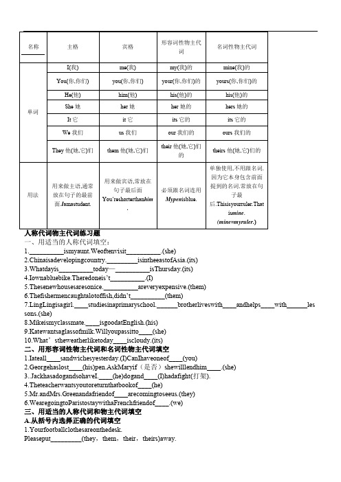 小学六年级英语(人称代词表及练习)