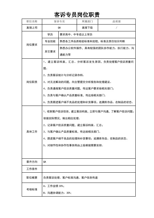 客诉专员岗位职责