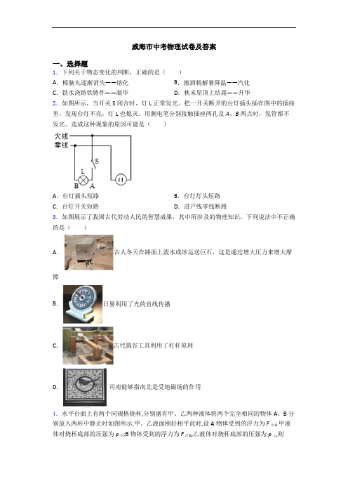 威海市中考物理试卷及答案