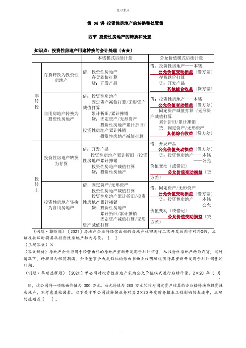 投资性房地产的转换和处置考点