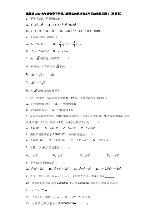 冀教版2020七年级数学下册第八章整式的乘法自主学习培优练习题1(附答案)