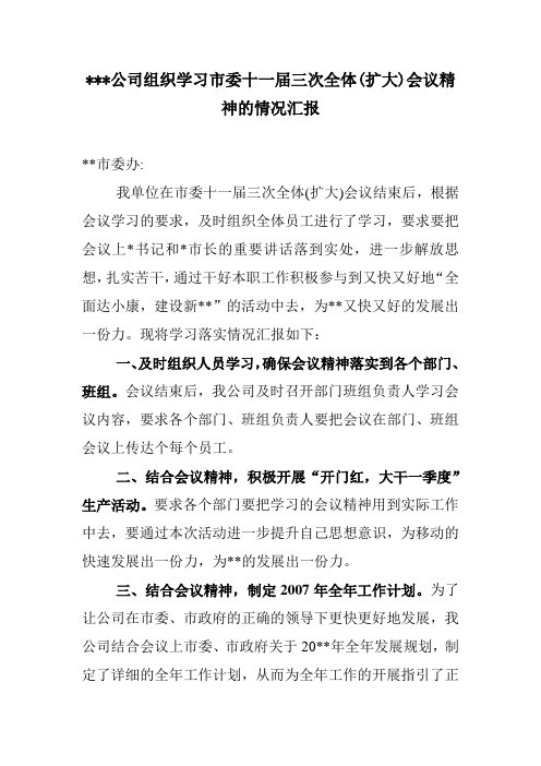 公司组织学习市委会议精神的情况汇报