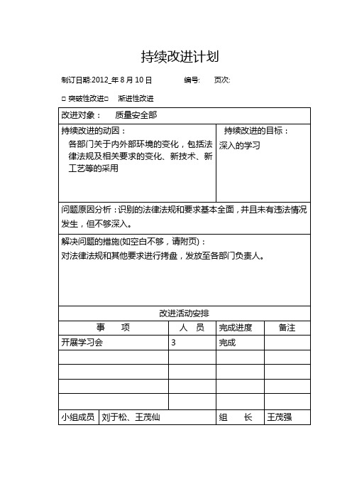 持续改进表格