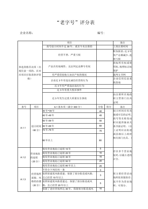 “老字号”评分表