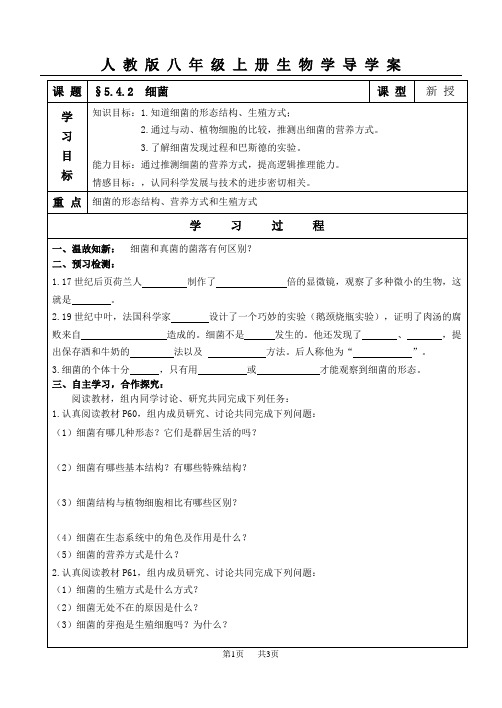 人教版八年级生物上册学案及答案 §5.4.2细菌