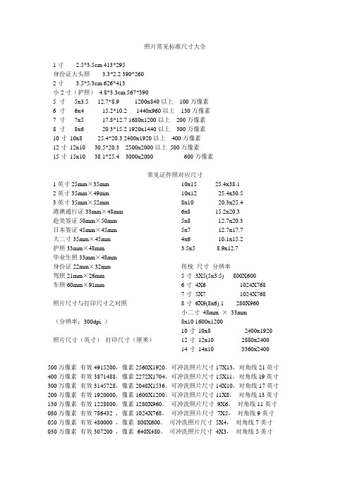 照片常见标准尺寸大全