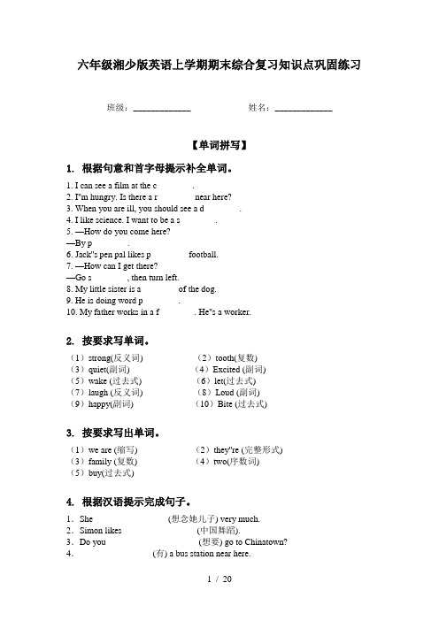 六年级湘少版英语上学期期末综合复习知识点巩固练习