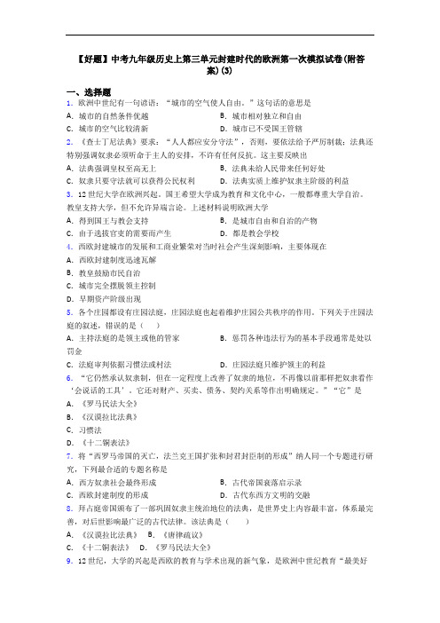 【好题】中考九年级历史上第三单元封建时代的欧洲第一次模拟试卷(附答案)(3)