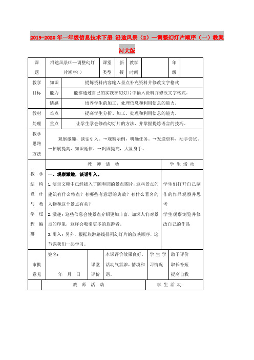 2019-2020年一年级信息技术下册 沿途风景(2)—调整幻灯片顺序(一)教案 河大版