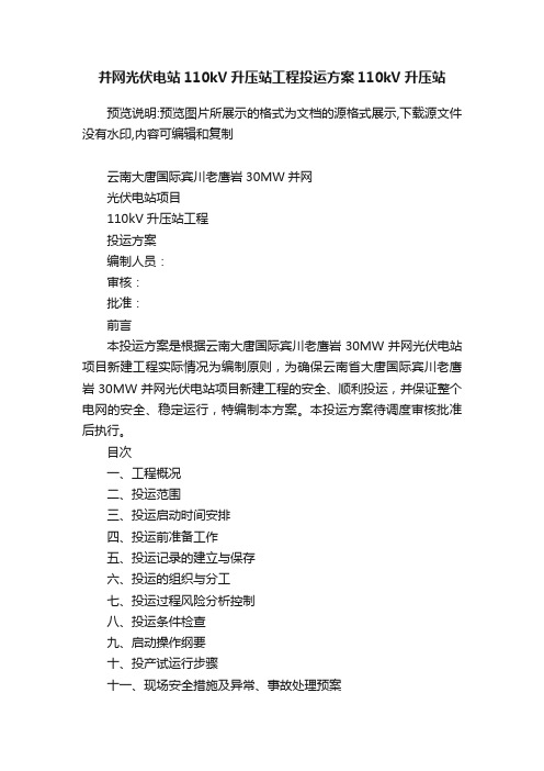 并网光伏电站110kV升压站工程投运方案110kV升压站