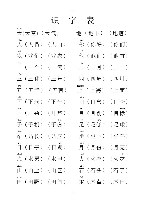 2017年人教版一年级语文识字表上册(组词打印版)