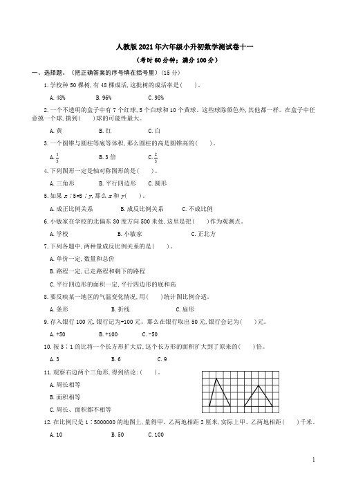 人教版2021年六年级小升初数学测试卷十一附答案