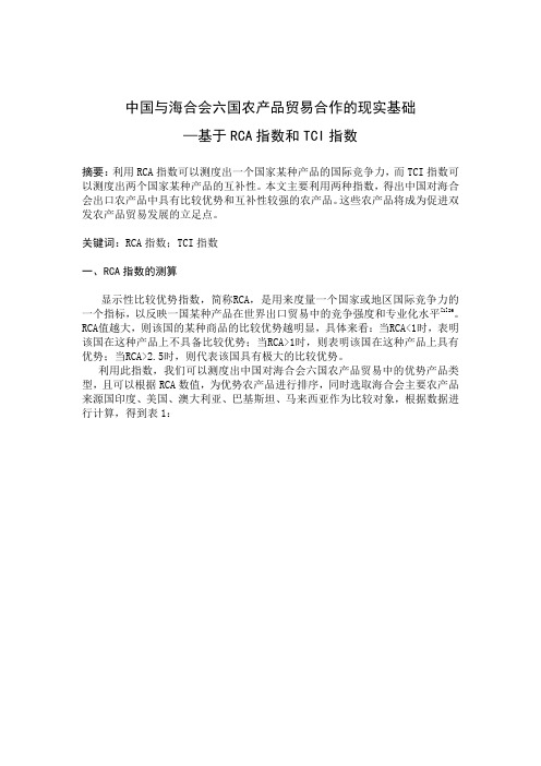 中国与海合会六国农产品贸易合作的现实基础—基于RCA指数和TCI指数