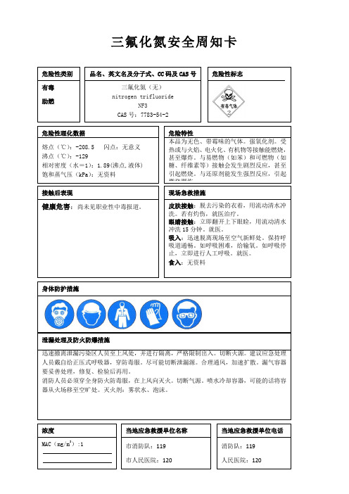 三氟化氮安全周知卡、职业危害告知卡、理化特性表