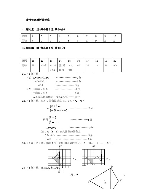八年级上期末数学插班生考试题一参考答案及评分标准
