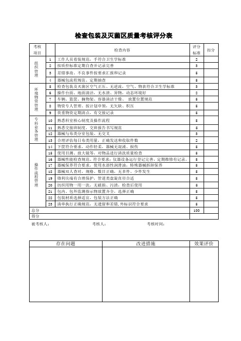 检查包装及灭菌区质量考核评分表