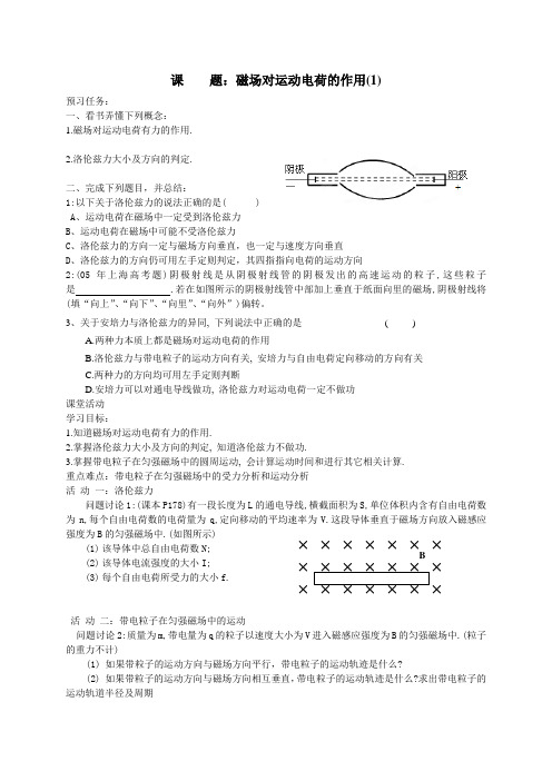 人教版高中物理选修3-1同步测试《3.5磁场对运动电荷的作用》(一,无答案)