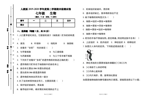 人教版七年级2019-2020学年度第二学期期末生物试题及答案(含两套题)