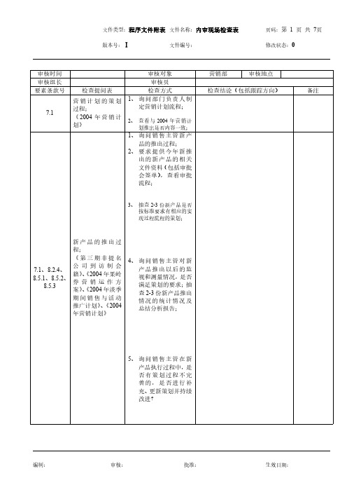 (服务行业)营销部内审检查表